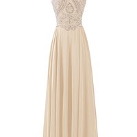 Long Chiffon Prom Dress Halter Bridesmaid Dresses with Beads Champagne  - Thumbnail 1