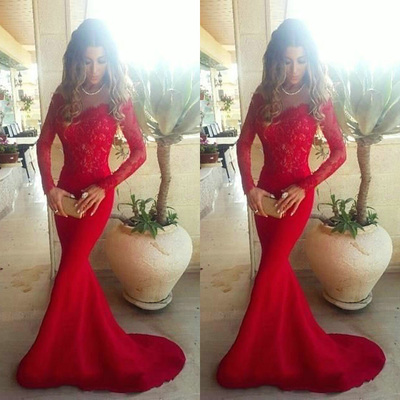 Mermaid red prom dresses with long sleeves pst0348