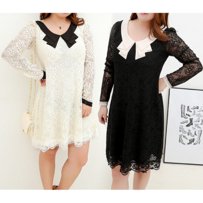 S-xxxl white/black graceful long-sleeved lace dress sp165602