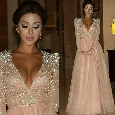 Pink prom dress, long prom dress, formal prom dress, v-neck prom dress, long sleeves prom dress ,prom gown, e919 - Thumbnail 5