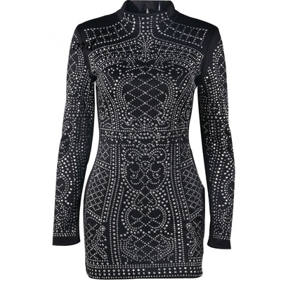 Fitted geometric studded dress black long sleeves party dress