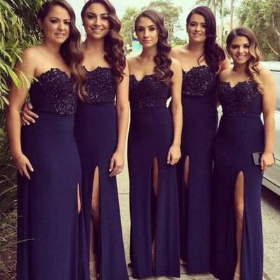 Long bridesmaid dress, navy bridesmaid dress, strapless bridesmaid dress, cheap bridesmaid dress, side slit bridesmaid dress, e1989 - Thumbnail 3