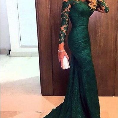 Teal green prom dress, lace prom dress, elegant prom dress, long sleeves prom dress, sheath prom dress, evening dress, e2247 - Thumbnail 5