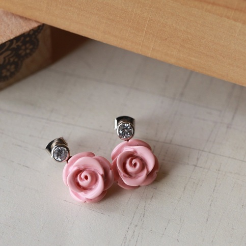 Feminine Pink Rose with Clear Gem Stone Earrings