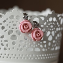 Feminine Pink Rose with Clear Gem Stone Earrings - Thumbnail 1