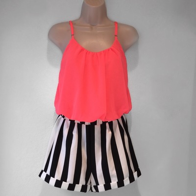 Neon Pink with Black & White Stripes Romper