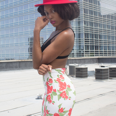 Red floral pencil skirt