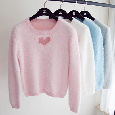 Furry Heart Shape Long Sleeve Multi-color Sweater Top