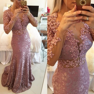 Lace prom dress, long prom dress, rose pink prom dress, long sleeves prom dress, charming prom dress, 2016 prom dress, e8362 - Thumbnail 5