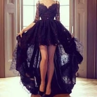 black prom dress, hi-low prom dress, 2016 new arrive prom dress, charming prom dress, lace sleeves prom dress, E8361 - Thumbnail 1