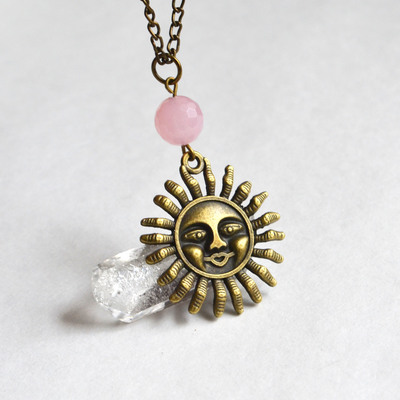 Sun necklace, summer sun necklace, sol jewelry, long boho necklace, sun with quartz necklace, happy sun necklace - Thumbnail 5
