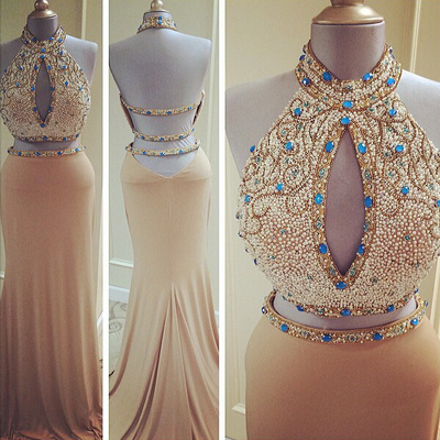 Long halter prom dress, champagne prom dress, two pieces prom dress, backless prom dress, charming prom dress, party prom dress, e4192 - Thumbnail 5