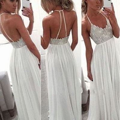 Charming chiffon white backless sexy prom dresses cheap evening dress, formal dress. 