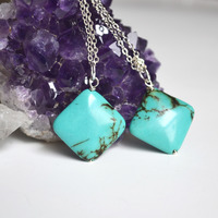 Turquoise Diamond Necklace, Turquoise on Chain, Long Chain and Stone, Turquoise Southwest Necklace, Bohemian - Thumbnail 1