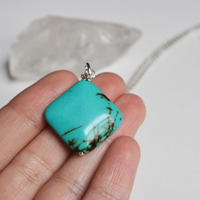 Turquoise Diamond Necklace, Turquoise on Chain, Long Chain and Stone, Turquoise Southwest Necklace, Bohemian - Thumbnail 2