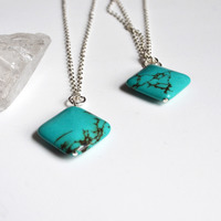 Turquoise Diamond Necklace, Turquoise on Chain, Long Chain and Stone, Turquoise Southwest Necklace, Bohemian - Thumbnail 3