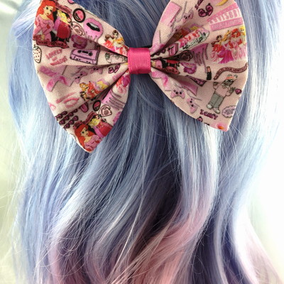 90s girly tumblr girl handmade pink hair bow with kawaii cartoon characters - Thumbnail 1