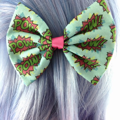 Pow! pale blue with hot pink comic book fabric bow - handmade geeky hair clip accessory - Thumbnail 2