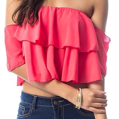Off the shoulder ruffle crop top-tde - Thumbnail 4