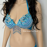 Turquoise Samba Bikini Bra Bottom Dance Costume Rave Bra Halloween Swimsuit Samba Fitnessd Comp - Thumbnail 4
