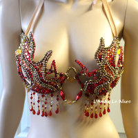 Red and Gold Flame Fire Samba Bra Dance Costume Cage Rave Bra Halloween - Thumbnail 1