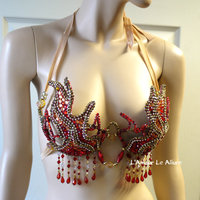 Red and Gold Flame Fire Samba Bra Dance Costume Cage Rave Bra Halloween - Thumbnail 2