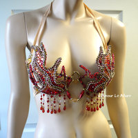 Red and Gold Flame Fire Samba Bra Dance Costume Cage Rave Bra Halloween - Thumbnail 3
