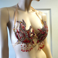 Red and Gold Flame Fire Samba Bra Dance Costume Cage Rave Bra Halloween - Thumbnail 4