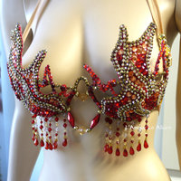 Red and Gold Flame Fire Samba Bra Dance Costume Cage Rave Bra Halloween - Thumbnail 5