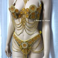 Gold Beaded Samba Bra and Bottom Dance Costume Rave Bra Rave Wear Halloween - Thumbnail 3