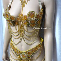 Gold Beaded Samba Bra and Bottom Dance Costume Rave Bra Rave Wear Halloween - Thumbnail 4