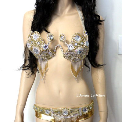 Golden goddess samba bra bottom dance costume rave cage bra halloween burlesque showgirl