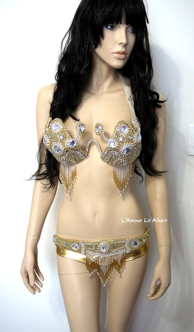 Golden Goddess Samba Bra Bottom Dance Costume Rave Cage Bra Halloween Burlesque Showgirl