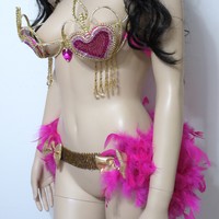 Pink and Gold Heart Samba Cage Bra with Feather Bustle Valentines Day Cosplay Dance Costume Rave Bra Halloween Burlesque Showgirl - Thumbnail 2