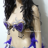 Purple and Silver Heart Samba Cage Bra with Feather Bustle Valentines Day Cosplay Dance Costume Rave Bra Halloween Burlesque Showgirl - Thumbnail 3