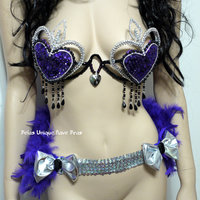 Purple and Silver Heart Samba Cage Bra with Feather Bustle Valentines Day Cosplay Dance Costume Rave Bra Halloween Burlesque Showgirl - Thumbnail 1