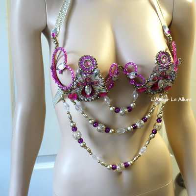 Pink and gold samba cage bra cosplay dance costume rave bra halloween showgirl burlesque - Thumbnail 4