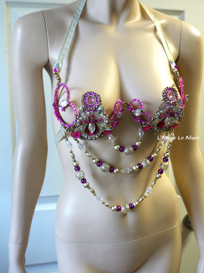 Pink and Gold Samba Cage Bra Cosplay Dance Costume Rave Bra Halloween Showgirl Burlesque