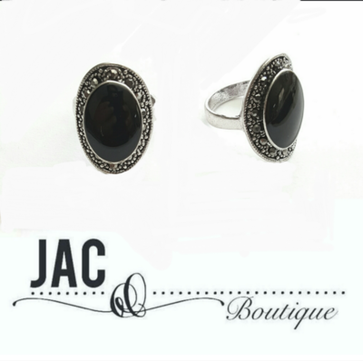 Ring - "Ashley Ring" - Marcasite Around Black Pendant Ring - Big Ring - Silver - Black Pendant Silver - Gothic - Vintage Style - Victorian