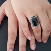 Ring - "Ashley Ring" - Marcasite Around Black Pendant Ring - Big Ring - Silver - Black Pendant Silver - Gothic - Vintage Style - Victorian - Thumbnail 1