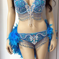 Turquoise Butterfly Samba Bra with Feather Bustle Bottom Cosplay Dance Costume Rave Bra Halloween Burlesque Show Girl - Thumbnail 2