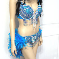 Turquoise Butterfly Samba Bra with Feather Bustle Bottom Cosplay Dance Costume Rave Bra Halloween Burlesque Show Girl - Thumbnail 1