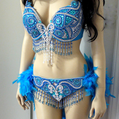 Turquoise butterfly samba bra with feather bustle bottom cosplay dance costume rave bra halloween burlesque show girl