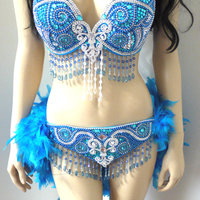 Turquoise Butterfly Samba Bra with Feather Bustle Bottom Cosplay Dance Costume Rave Bra Halloween Burlesque Show Girl - Thumbnail 3