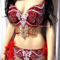 Red Butterfly Samba Bra with Feather Bustle Bottom Cosplay Dance Costume Rave Bra Halloween Burlesque Show Girl - Thumbnail 2