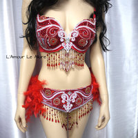 Red Butterfly Samba Bra with Feather Bustle Bottom Cosplay Dance Costume Rave Bra Halloween Burlesque Show Girl - Thumbnail 3