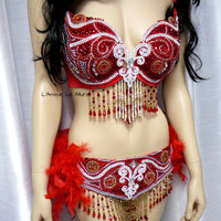 Red Butterfly Samba Bra with Feather Bustle Bottom Cosplay Dance Costume Rave Bra Halloween Burlesque Show Girl - Thumbnail 4