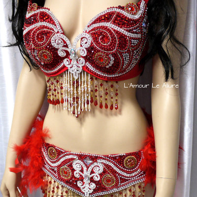 Red butterfly samba bra with feather bustle bottom cosplay dance costume rave bra halloween burlesque show girl