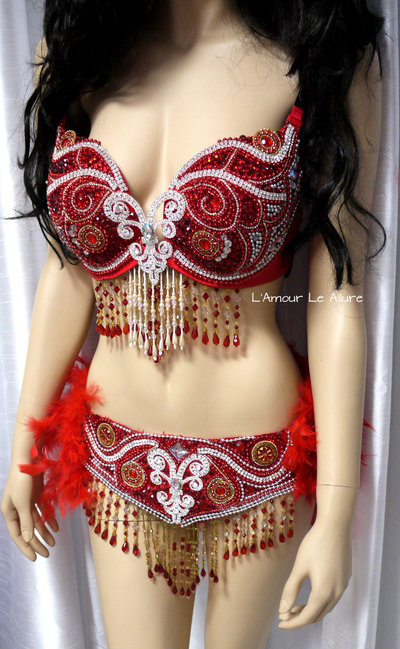 Red Butterfly Samba Bra with Feather Bustle Bottom Cosplay Dance Costume Rave Bra Halloween Burlesque Show Girl