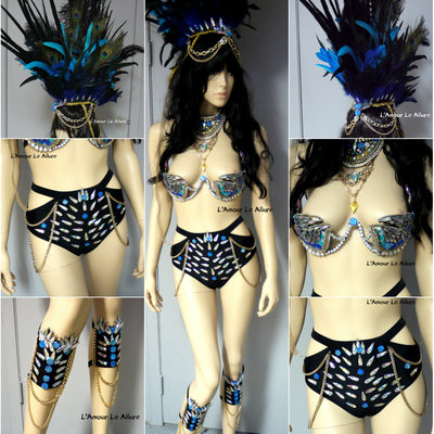 Full turquoise rihanna samba costume cosplay dance rave cage bra halloween burlesque show girl - Thumbnail 5